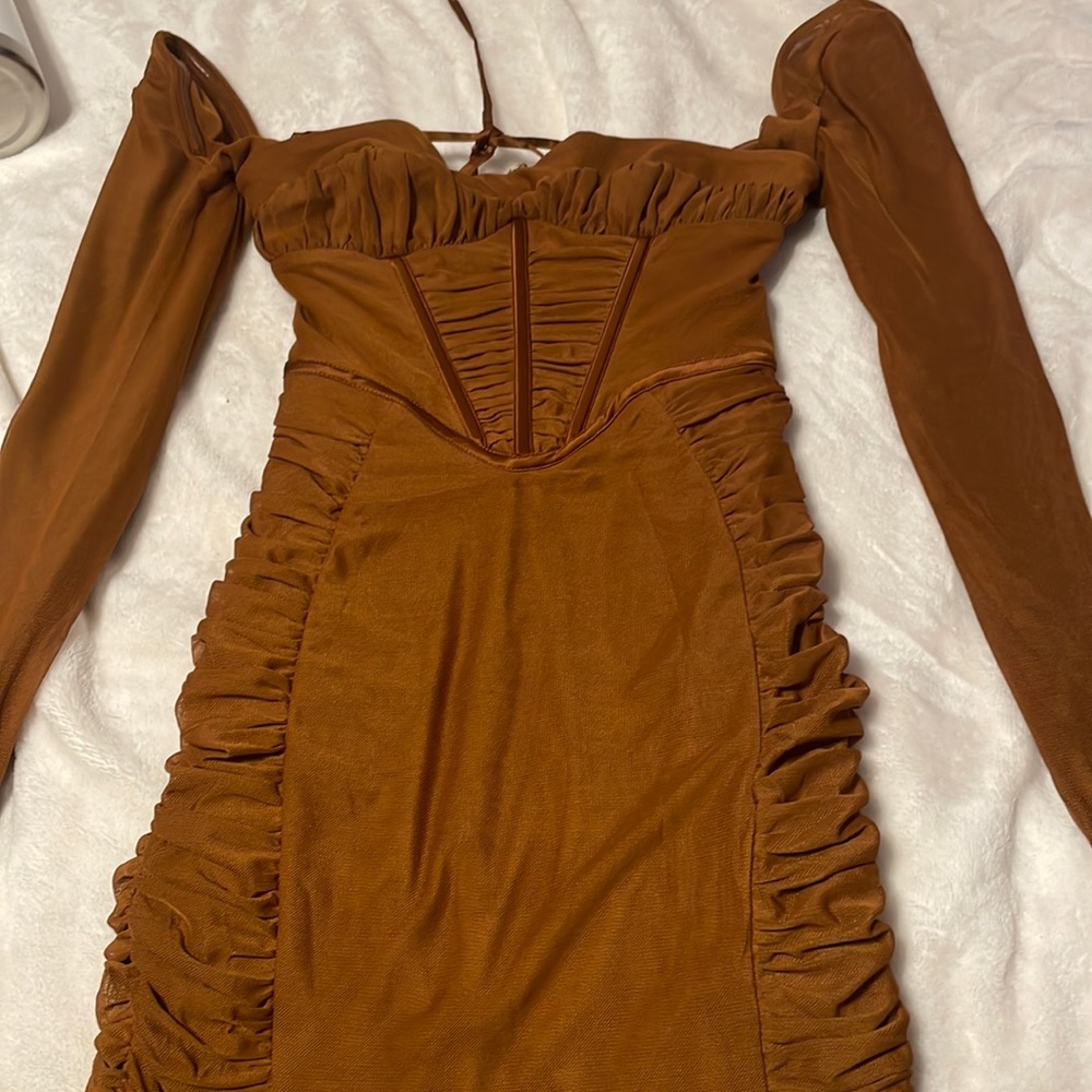Oh Polly long sleeve ruched mini dress in brown